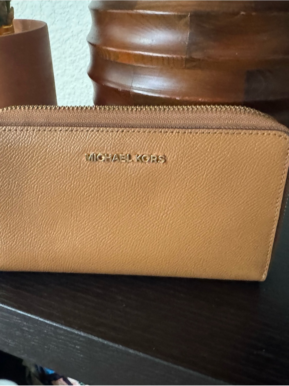 Michael Kors Cognac Saffiano Zip Wallet with Gold Logo